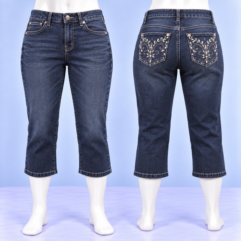 d.jeans Capri Jeans Womens 16 Blue Dark Wash Embroidered Rhinestone Pockets